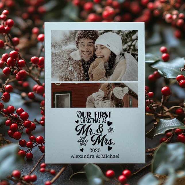 2 Photo Minimalistic Snowflakes Christmas Mr and M Holiday Card (Creator Uploaded)