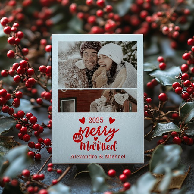 2 Photo Minimialist Merry and Married  Holiday Card (Creator Uploaded)