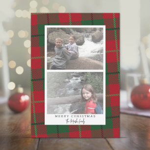 2 Photo Modern Abstract with White Border Plaid Holiday Card