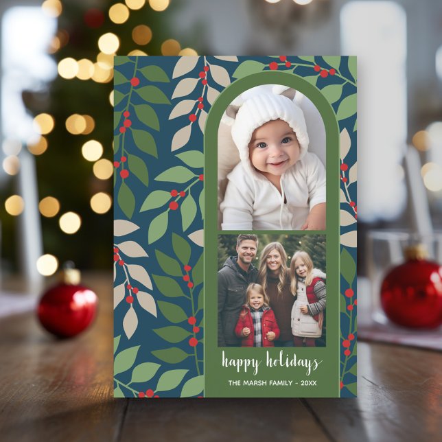 2 Photo modern arch eucalyptus branches Christmas Holiday Card (Modern Christmas Photo Greeting Card)