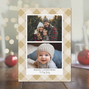 2 Photo Modern Buffalo plaid - Rustic Gold Merry Holiday Card