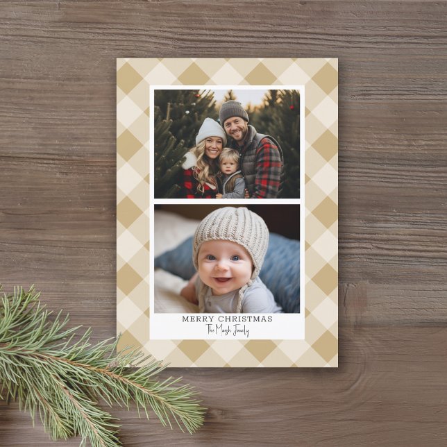 2 Photo Modern Buffalo plaid - Rustic Gold Merry Holiday Card (Online Christmas Card with 2 Photos and a Modern Buffalo Check Pattern - Print and Download Options)