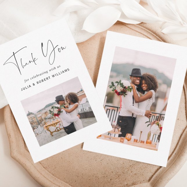 2 Photo Modern Calligraphy Wedding Thank You Card (Creator Uploaded)