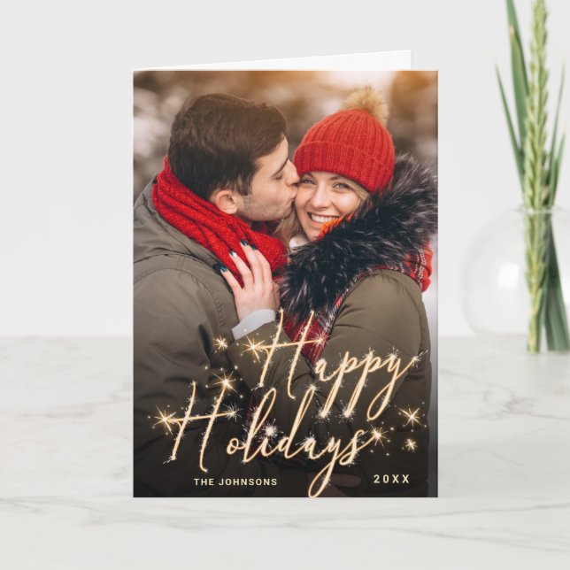 2 PHOTO Modern Golden Christmas Greeting Holiday Card (Front)