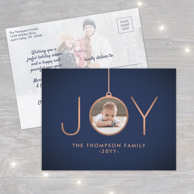 2 Photo Modern Minimalist Joy Navy Blue Copper Holiday Postcard (Creator Uploaded)