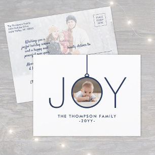 2 Photo Modern Minimalist Navy Blue White Joy Holiday Postcard