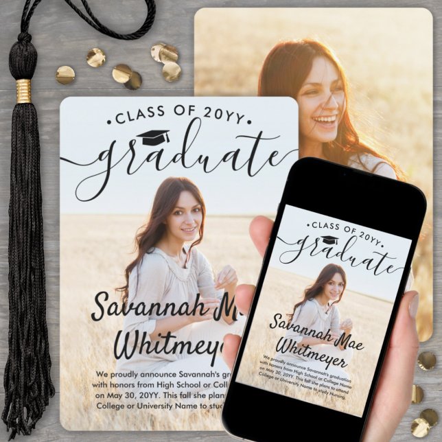 2 Photo Modern Overlay Black Script Graduation Announcement (Creator Uploaded)