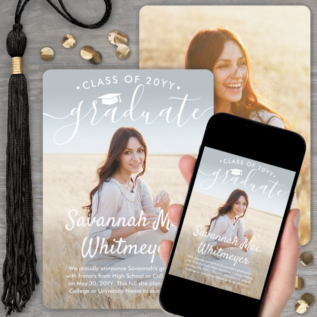 2 Photo Modern Overlay White Script Graduation Announcement (Creator Uploaded)