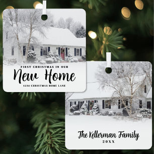 2 Photo Modern Script First Christmas New Home Metal Tree Decoration