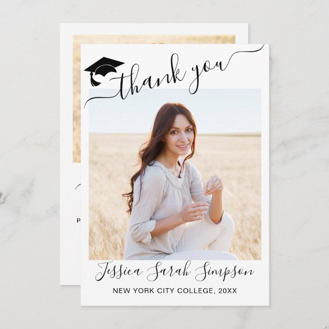 2 PHOTO Modern Simple Minimalist Graduation  Thank You Card (Front/Back)