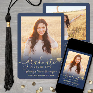 2 Photo Modern Simple Script Navy Gold Graduation Announcement