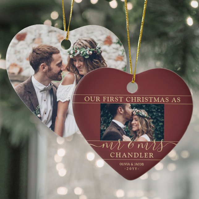 2 Photo Mr & Mrs 1st Christmas Burgundy Gold Heart Ceramic Ornament (Creator Uploaded)