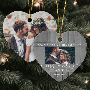 2 Photo Mr & Mrs 1st Christmas Faux Wood Heart Ceramic Ornament