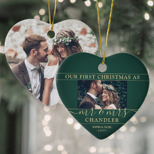 2 Photo Mr & Mrs 1st Christmas Green & Gold Heart Ceramic Ornament