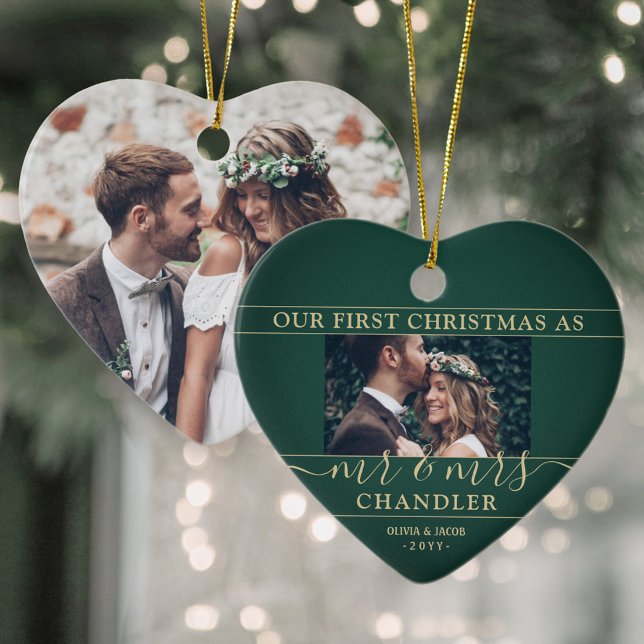 2 Photo Mr & Mrs 1st Christmas Green & Gold Heart Ceramic Ornament (Creator Uploaded)