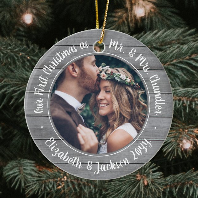 2 Photo Mr & Mrs 1st Christmas Grey Faux Wood Ceramic Ornament (Creator Uploaded)