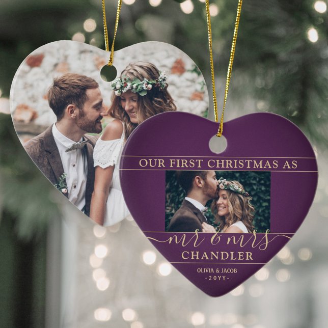 2 Photo Mr & Mrs 1st Christmas Plum Purple Heart Ceramic Ornament (Creator Uploaded)