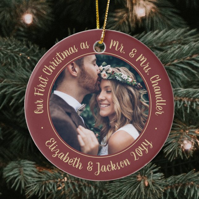 2 Photo Mr & Mrs 1st Christmas Script Burgundy Ceramic Ornament (Creator Uploaded)