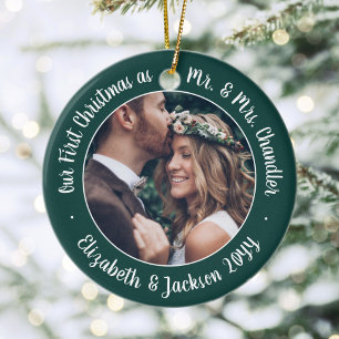 2 Photo Mr & Mrs 1st Christmas Script Green White Ceramic Ornament