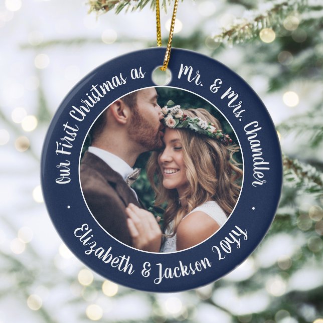 2 Photo Mr & Mrs 1st Christmas Script Navy & White Ceramic Ornament (Creator Uploaded)
