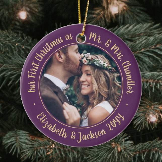 2 Photo Mr & Mrs 1st Christmas Script Plum Purple Ceramic Ornament (Creator Uploaded)