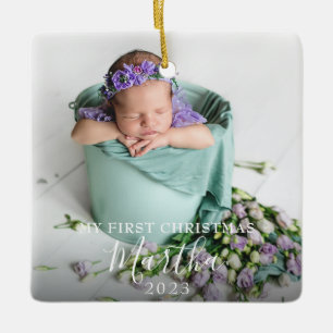 2 Photo My First Christmas Baby Script Name Ceramic Ornament
