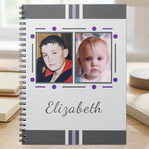 2 photo name text purple grey notebook