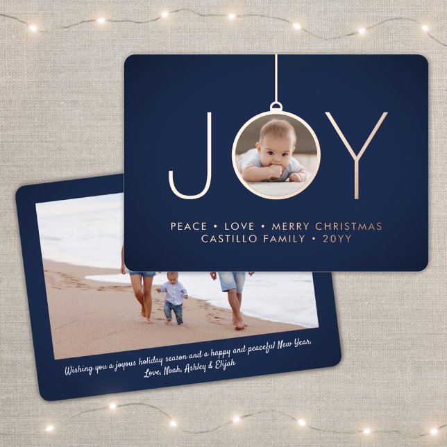 2 Photo Navy Blue Modern Joy Christmas Ornament Foil Holiday Card (Creator Uploaded)