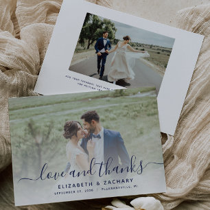 2-Photo Navy Blue Script Wedding Thank You Card