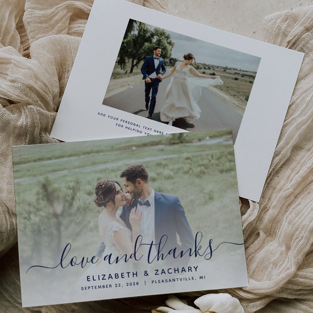 2-Photo Navy Blue Script Wedding Thank You Card (Creator Uploaded)