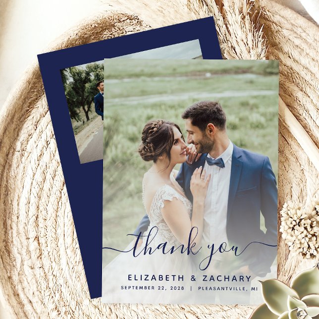 2-Photo Navy Blue Script Wedding Thank You Card (Creator Uploaded)