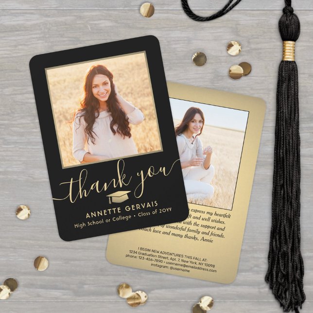 2 Photo New Address Black & Gold Script Graduation Thank You Card (Creator Uploaded)