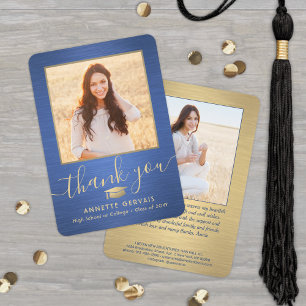 2 Photo New Address Brushed Blue & Gold Graduation Thank You Card