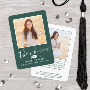 2 Photo New Address Green White Script Graduation Thank You Card