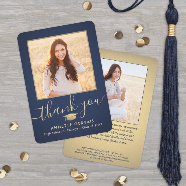 2 Photo New Address Navy Blue and Gold Graduation Thank You Card (Creator Uploaded)