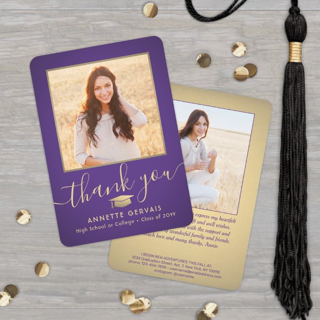 2 Photo New Address Purple Gold Script Graduation Thank You Card (Creator Uploaded)
