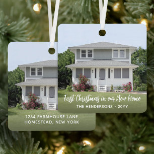 2 Photo New Home Address First Xmas White Script Metal Tree Decoration