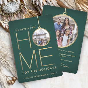 2 Photo New Home Address Green and Gold Moving Holiday Card