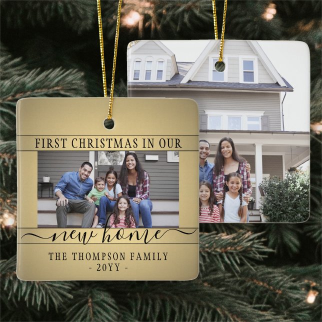 2 Photo New Home First Christmas Faux Gold & Black Ceramic Ornament (Creator Uploaded)