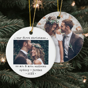 2 Photo Newlyweds 1st Christmas Modern Minimalist Ceramic Ornament