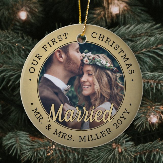 2 Photo Newlyweds 1st Xmas Married Black and Gold Ceramic Ornament (Creator Uploaded)