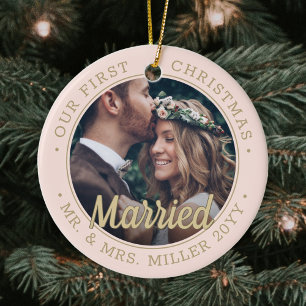 2 Photo Newlyweds 1st Xmas Married Blush Pink Gold Ceramic Ornament