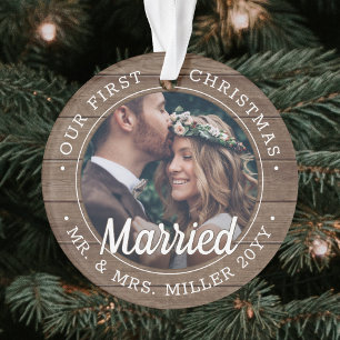 2 Photo Newlyweds 1st Xmas Married Faux Barn Wood Ornament