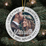 2 Photo Newlyweds 1st Xmas Married Faux Marble Ceramic Ornament<br><div class="desc">Celebrate a joyful 1st holiday as Mr. & Mrs. with a custom 2 photo "Our First Christmas Married" round faux marble ceramic ornament. All text and images on this template are simple to personalize and can be different or the same on front and back. As an idea, the script typography...</div>