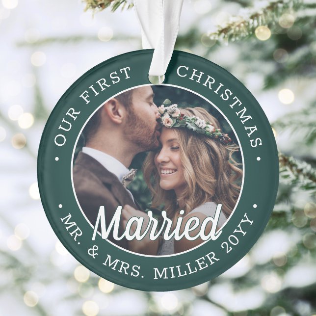 2 Photo Newlyweds 1st Xmas Married Green and White Ornament (Creator Uploaded)