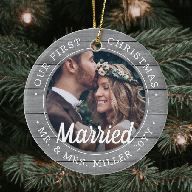 2 Photo Newlyweds 1st Xmas Married Grey Faux Wood Ceramic Ornament (Creator Uploaded)