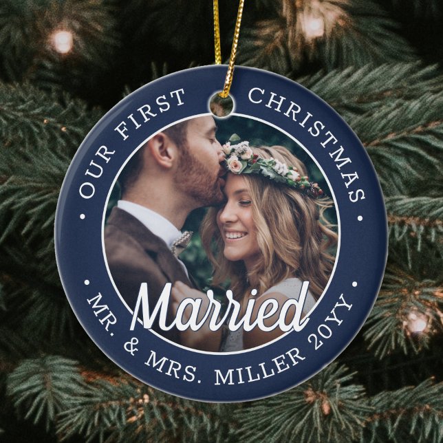 2 Photo Newlyweds 1st Xmas Married Navy Blue White Ceramic Ornament (Creator Uploaded)