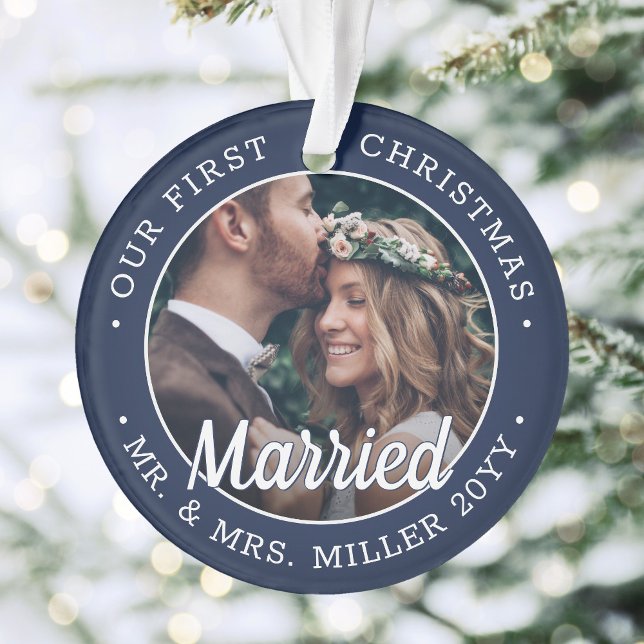 2 Photo Newlyweds 1st Xmas Married Navy Blue White Ornament (Creator Uploaded)
