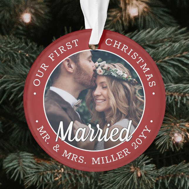 2 Photo Newlyweds 1st Xmas Married Red and White Ornament (Creator Uploaded)