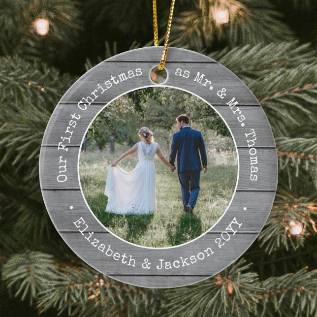 2 Photo Newlyweds First Christmas Faux Grey Wood Ceramic Ornament (Creator Uploaded)